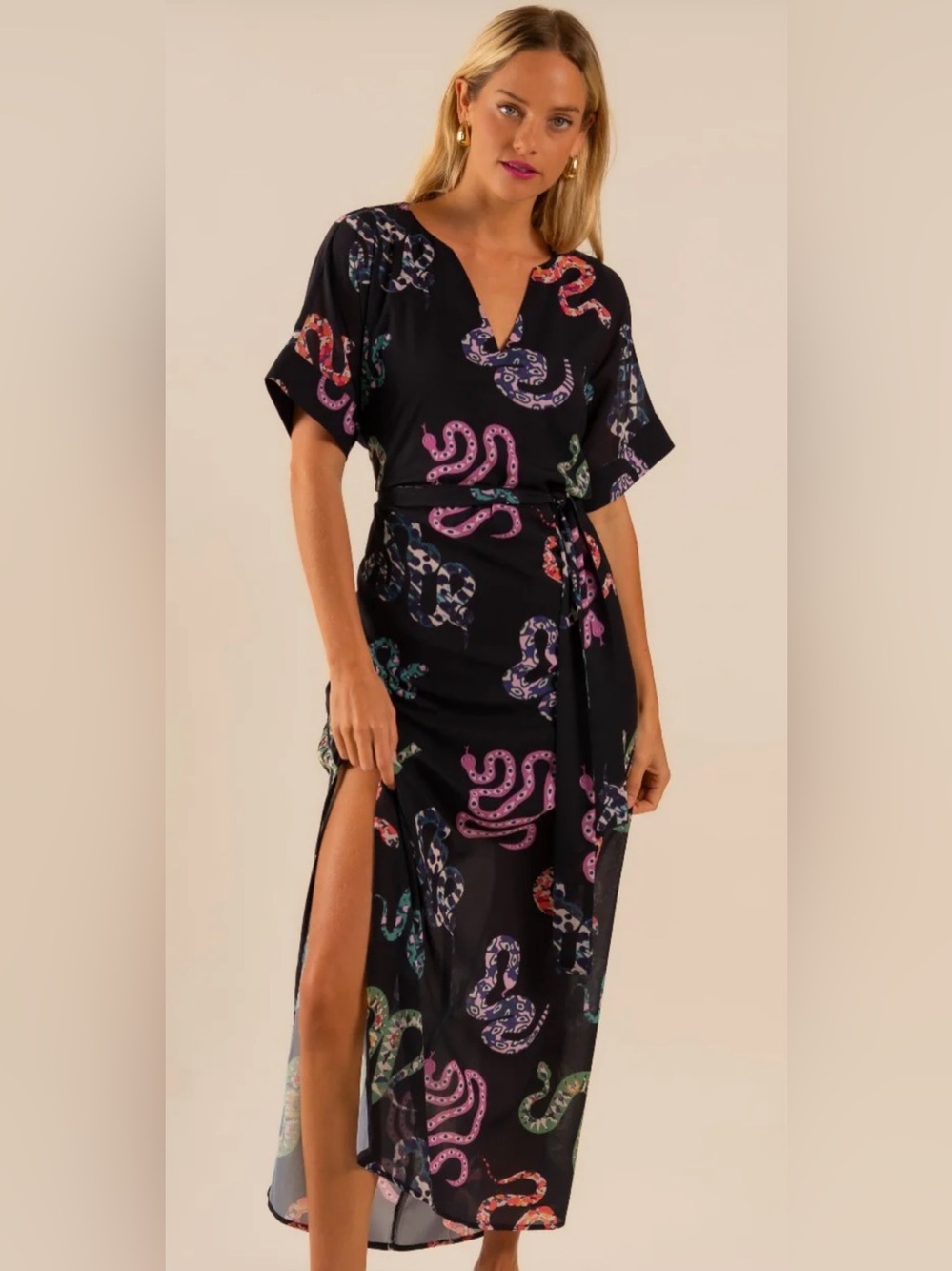Black Maxi Dress with Multicolor Snake Print and Waist Tie